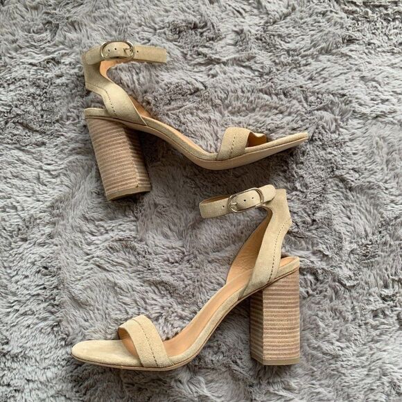 Joie Suede Open Toe Sandals Womens 39.5 Beige Block Heel NEW - Picture 5 of 5